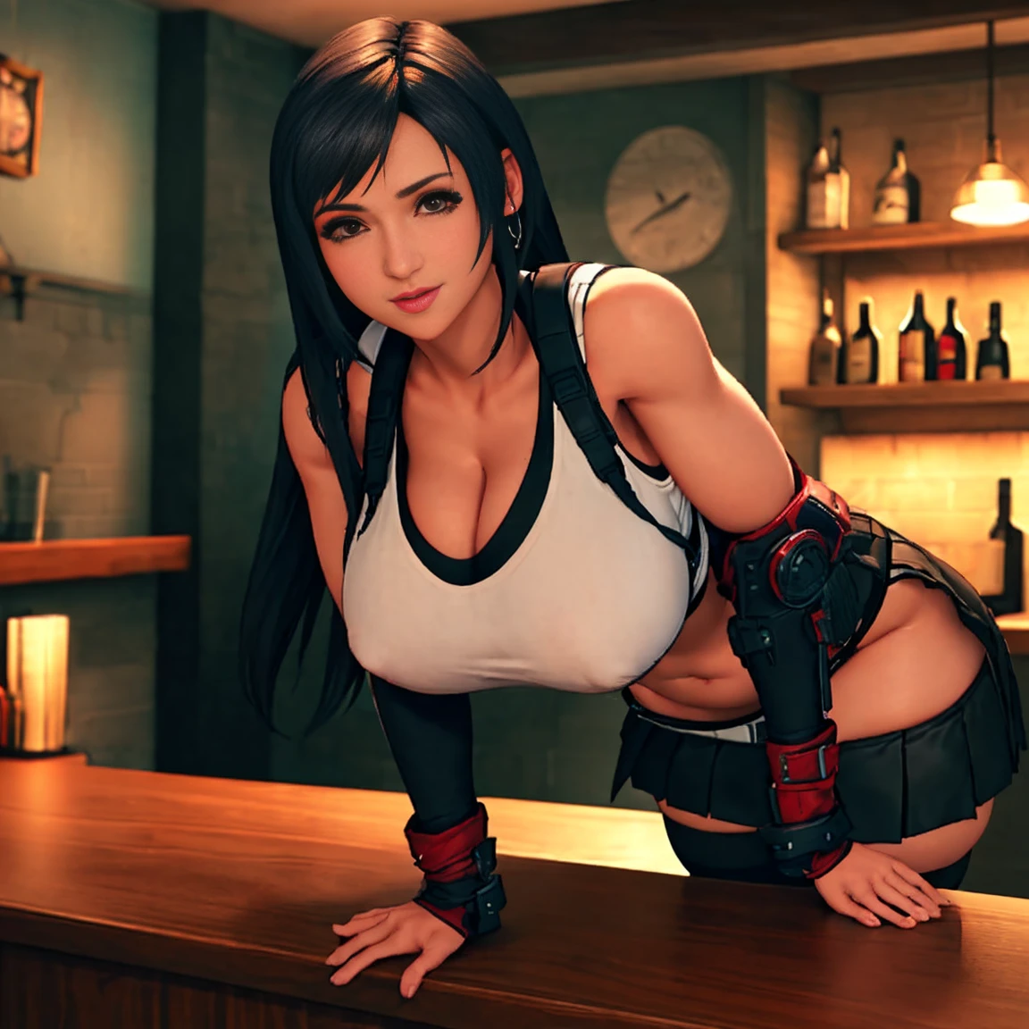 aaa video game, ray tracing, (8k graphics), (best quality), solo, (anime eyes:0.9), curvy female bartender, long straight black hair, face : ((tifa lockhart), smiling, looking at viewer), figure : (very fat breasts, overweight breasts, heavy breasts, thick breasts, slim attractive waist, toned highs, gigantic breasts, pokies, love handles), busty body type, clothes : (too small, overly-stuffed skintight black sports bra, white tank top, visible cleavage, exposed midriff, pleated black mini skirt, black knee socks, red combat boots) , setting : (dimly lit bar), pose : (leaning against a counter)