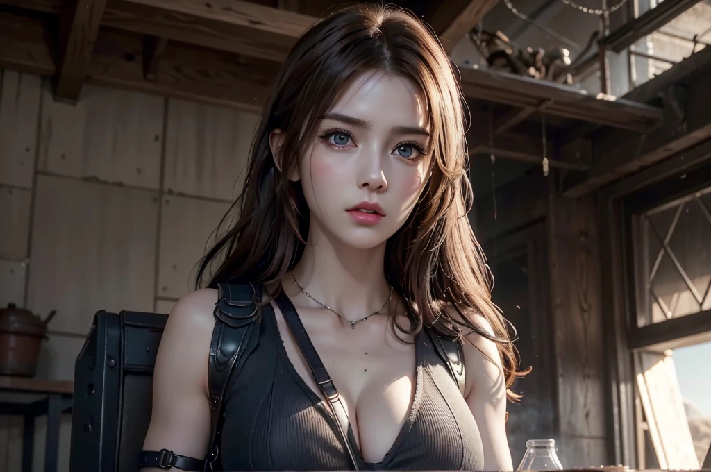 super fine illustration, ultra high resolution, masterpiece, highest quality, perfect lighting, detailed lighting, dramatic shadow, ray tracing, 1 Femail warrior, (((solo:1.5))), cute face, Big breasts, exposed cleavage, beautiful detailed hazel eyes, sharp face, clear eyes, long bang, ((medium curly hair:1.2)), blonde hair, ((post-apocalyptic fiction)), ((desert:1.2)), ((desert battle suit)), ((military harness)), world of the Mad Max, Resident Evil Series, full body, from below,