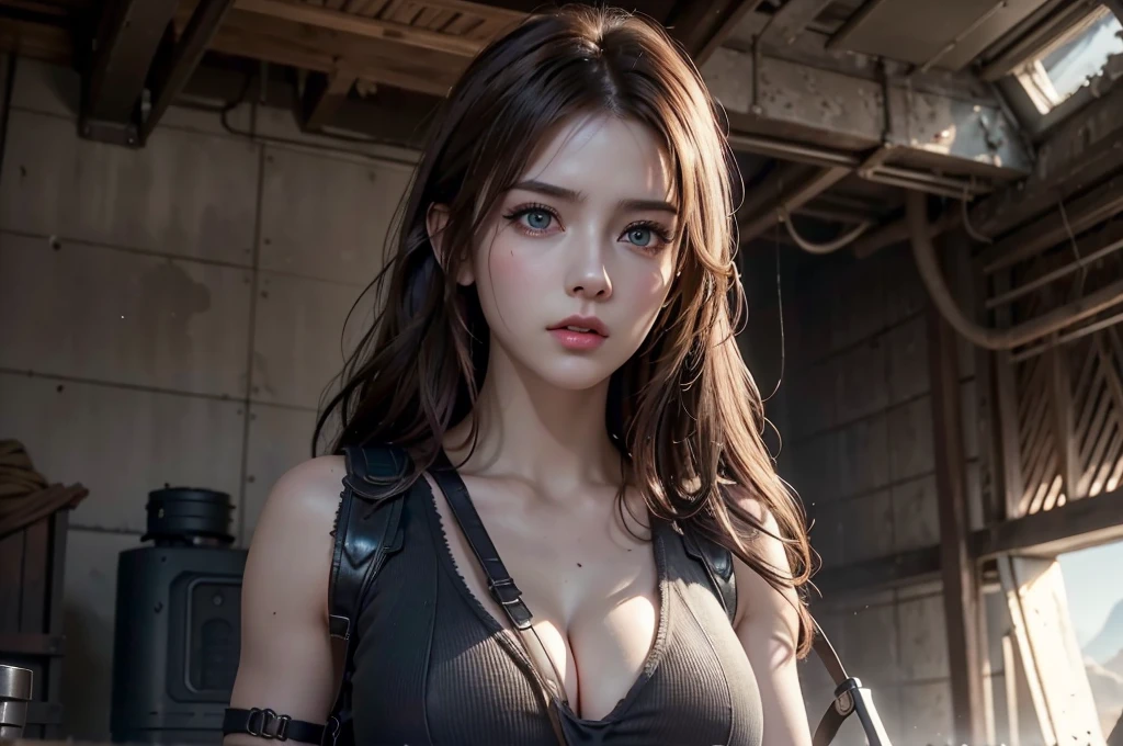 super fine illustration, ultra high resolution, masterpiece, highest quality, perfect lighting, detailed lighting, dramatic shadow, ray tracing, 1 Femail warrior, (((solo:1.5))), cute face, Big breasts, exposed cleavage, beautiful detailed hazel eyes, sharp face, clear eyes, long bang, ((medium curly hair:1.2)), blonde hair, ((post-apocalyptic fiction)), ((desert:1.2)), ((desert battle suit)), ((military harness)), world of the Mad Max, Resident Evil Series, full body, from below,