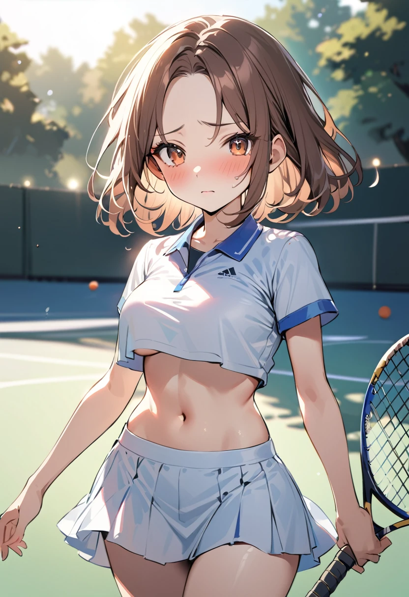 1 girl, bob, center part, forehead, brown hair, piercing, brown eyes, (embarrased, blush:1.2)
BREAK (masterpiece), (high resolution 8K), cinematic lighting, professional lighting, detailed eyes and face, detailed body, 
BREAK tennis uniform, underboob, croptop navel, cowboy shot, holding racket, 
BREAK at the tennis court in the park, morning, 