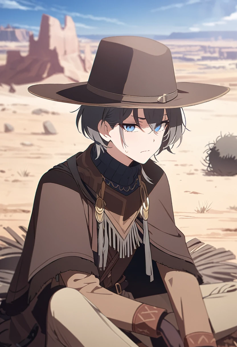 masterpiece,best quality,depth of field,8K,looking at the viewer,dark gray hair,blue eyes,light brown chaps,dark brown poncho,갈색 Ten gallon hat,brown leather jumper,chic,wseifuku,male,sky,frowning,badlands,western frontier,tumbleweed rolling around,sitting,male,(charismatic eyes 1:1)