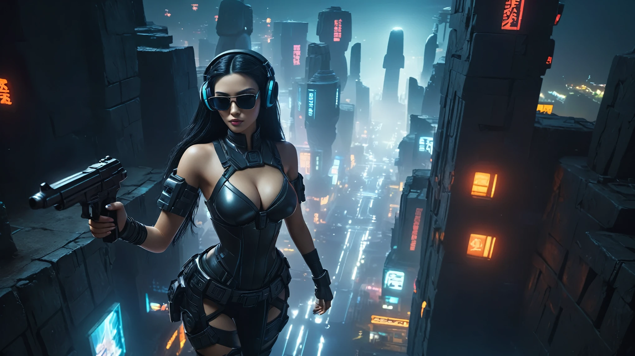 At night, dark sky, distant shot aerial view of fantasy cyberpunk style ((Moai-statue)) city, ((flying vehicle)). ((1girl, solo, alone)), medium-breast:1.1 slim body, cleavage, sexy clothes, (headphone, black sunglasses, long black realistic hair), (((hip-up standing and holding pistol))), half-body thigh level medium shot, cinematic lighting.