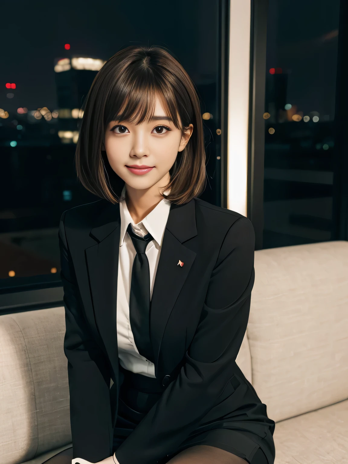 1girl, Solo, Black pantyhose, Brown eyes, Looking at Viewer, (office lady suit), sit on sofa, Brown hair, medium hair, messy hair, asymmetrical bangs, Black jacket, (collared white shirt), Black tight skirt, Long sleeves, Suit, Formal, Smile, a beauty woman, 8K, high resolution, Raw photo, (masutepiece:1.2), (Best Quality:1.2), Realistic, Photorealsitic, Sharp Focus, moody lighting, Night time, Japanese idol, tall,