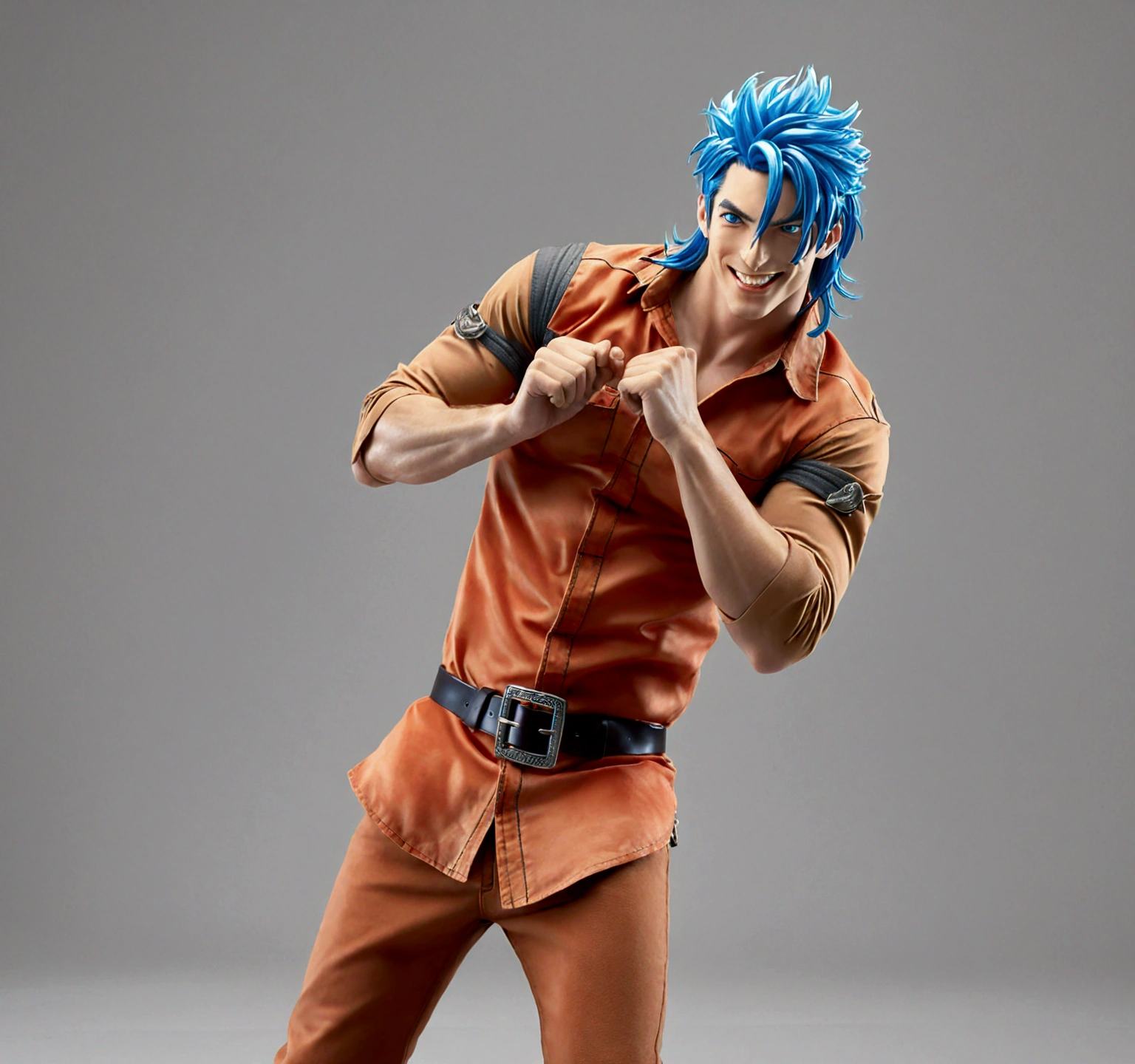 solo, long hair, looking at viewer, smile, blue eyes, simple background, shirt, 1boy, blue hair, male focus, cowboy shot, teeth, belt, pants, grey background, grin, muscular, own hands together, muscular male, sleeves rolled up, black belt