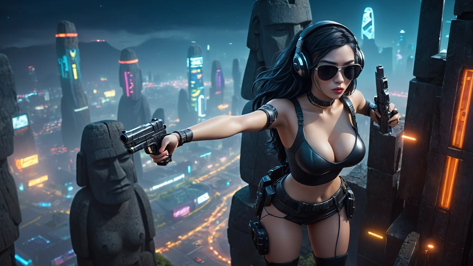 At night, dark sky, distant shot aerial view of fantasy cyberpunk style ((Moai-statue)) city, ((flying vehicle)). ((1girl, solo, alone)), medium-:1.1 slim body, cleava clothes, adphone, black sunglasses, long black realistic hair), (((hip-up standing and holding pistol))), half-body thigh level medium shot, cinematic lighting.