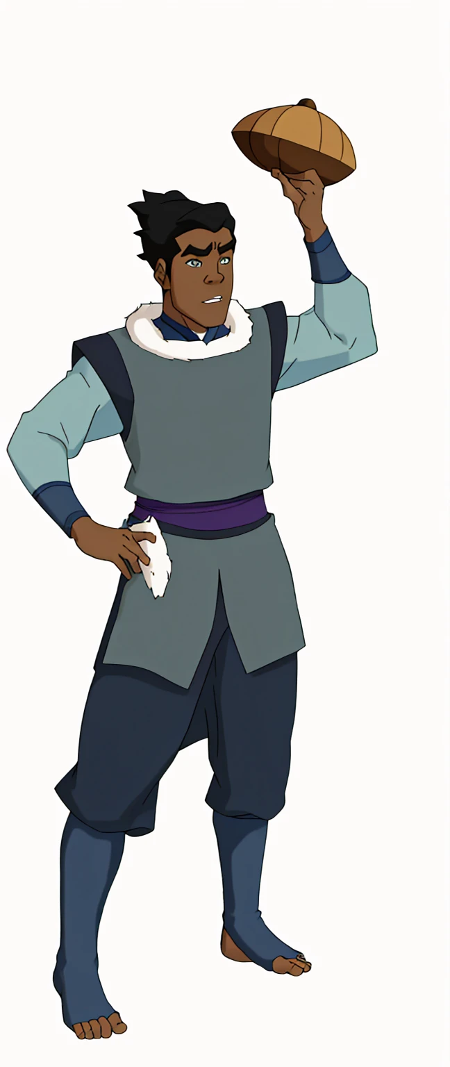 African-American, Bolin, water tribe traditional clothing mixed of blue and purple, with fur in shoulders and neck. Long sleeve, skinny 