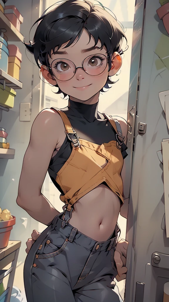 masterpiece, beautiful, 4k, detailed, intricate details, , shota, overalls, jean overalls, cuffed overall, bob  hair cut,  bob black hair, black hair, brown eyes, glasses,  smile, slight smile, 1boy, young delicate prince, shirtless, overalls over skin, bare shoulders, bare sleeves, bare arms, facing forward, side cut, torso shown, leaning forward, flat chest,(nsfw:0.55), ((flat chested, flat stomach, )), (intense colors)