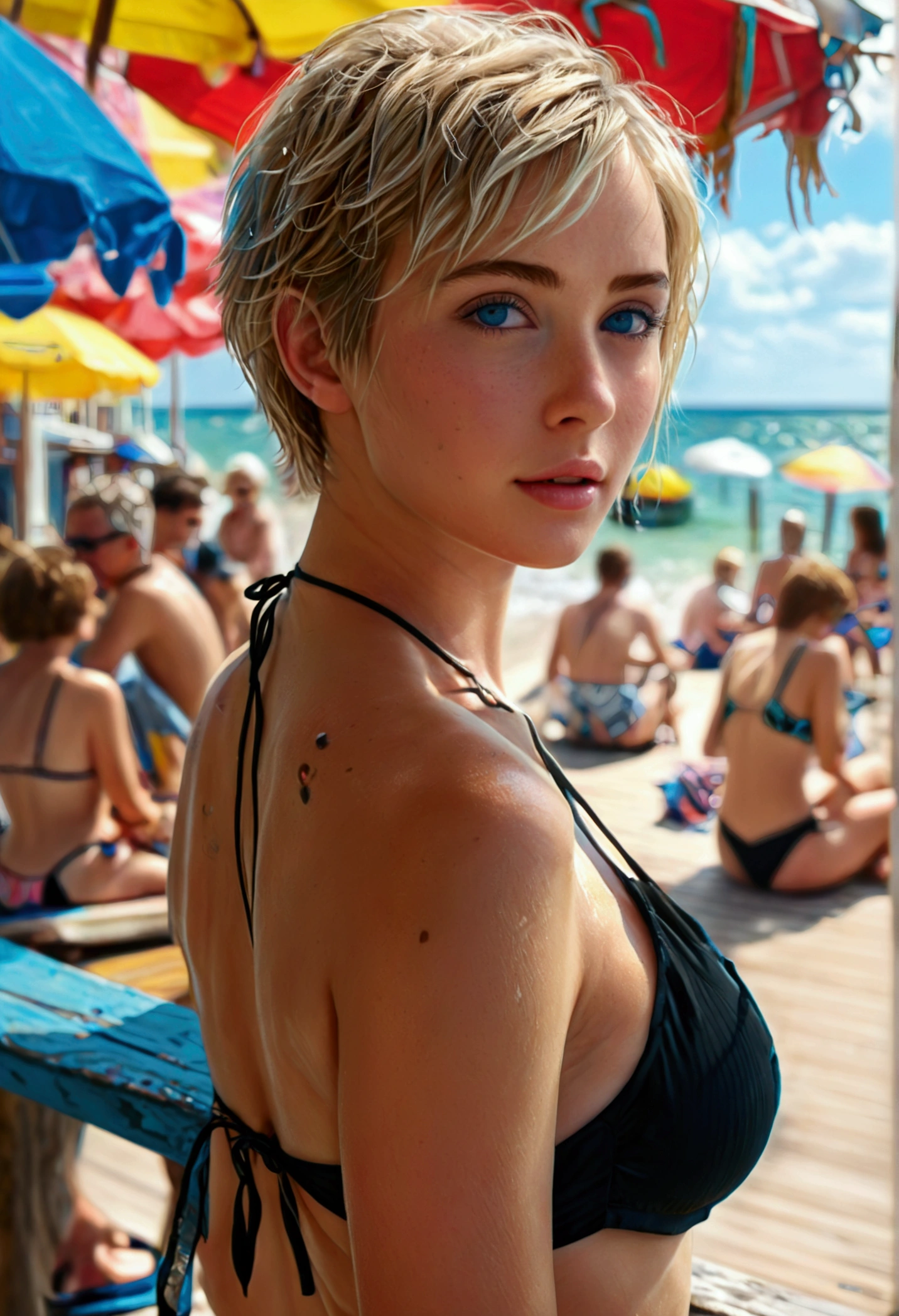 1girl, pretty girl, blonde hair, short pixie cut, blue eyes, , small breasts, tight ass, black sling bikini, beach, (people, boardwalk setting), looking back, (best quality,4k,8k,highres,masterpiece:1.2),ultra-detailed,(realistic,photorealistic,photo-realistic:1.37),HDR,UHD,studio lighting,ultra-fine painting,sharp focus,physically-based rendering,extreme detail description,professional,vivid colors,bokeh,portrait