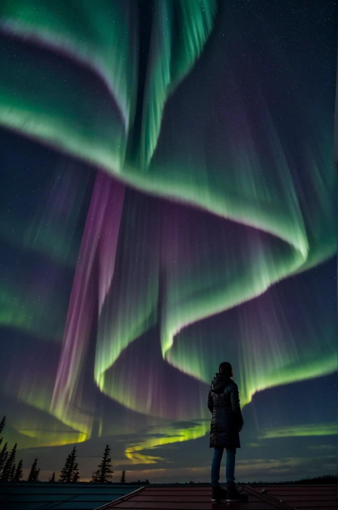 1 woman standing on the roof, looking at the sky, night, rain, very bright northern lights