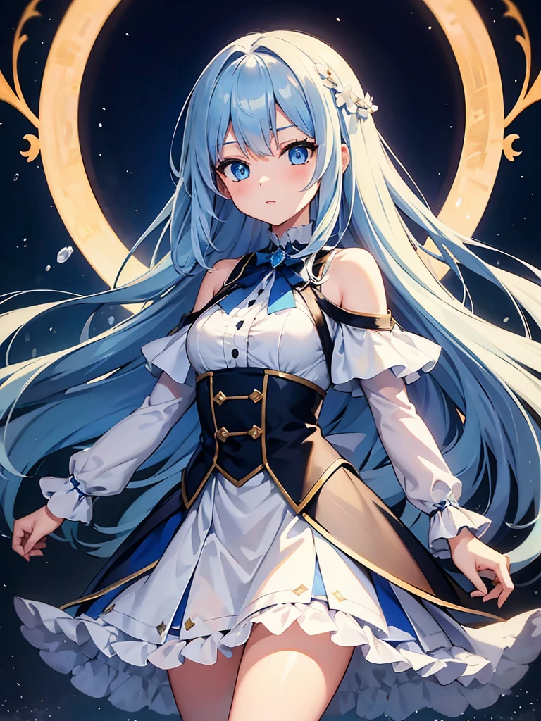 masterpiece,high quality,(full body 1.2),animated standing portrait, white cape and blue shirt,(blue hair 1.4),anime girl with long blue hair and blue eyes,(detailed eyes 1.6),(clear eyes 1.4),(beautiful eyes 1.4),(shining eyes 1.4),white cyan, from arc knights, blue hair, shining blue eyes, blue eyes, detailed key animated art, animated portrait, shining blue eyes, Pixiv digital art, blue haired girl, blue white hair, frilly skirt, thighs, 4K