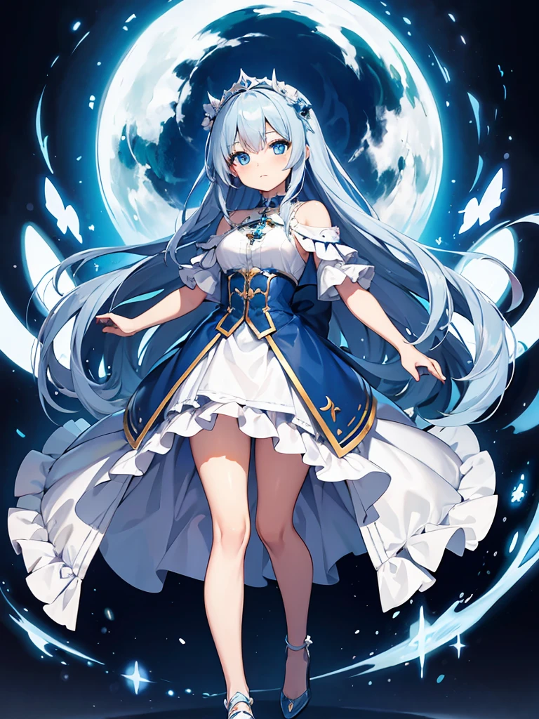 masterpiece,high quality,(full body 1.2),animated standing portrait, white cape and blue shirt,(blue hair 1.4),anime girl with long blue hair and blue eyes,(detailed eyes 1.6),(clear eyes 1.4),(beautiful eyes 1.4),(shining eyes 1.4),white cyan, from arc knights, blue hair, shining blue eyes, blue eyes, detailed key animated art, animated portrait, shining blue eyes, Pixiv digital art, blue haired girl, blue white hair, frilly skirt, thighs, 4K