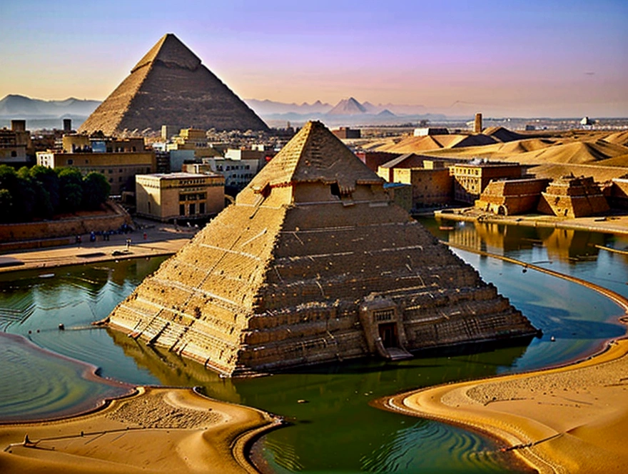 Show images of the Pyramids of Giza and the Nile River.