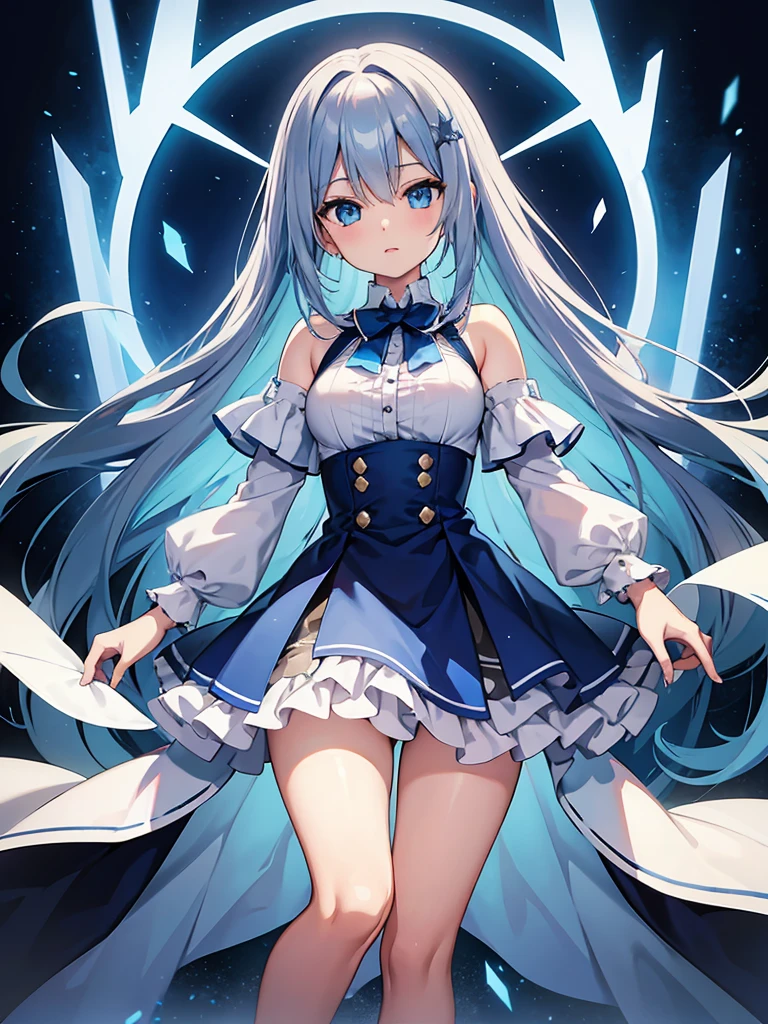 masterpiece,high quality,(full body 1.2),animated standing portrait, white cape and blue shirt,(blue hair 1.4),anime girl with long blue hair and blue eyes,(detailed eyes 1.6),(clear eyes 1.4),(beautiful eyes 1.4),(shining eyes 1.4),white cyan, from arc knights, blue hair, shining blue eyes, blue eyes, detailed key animated art, animated portrait, shining blue eyes, Pixiv digital art, blue haired girl, blue white hair, frilly skirt, thighs, 4K