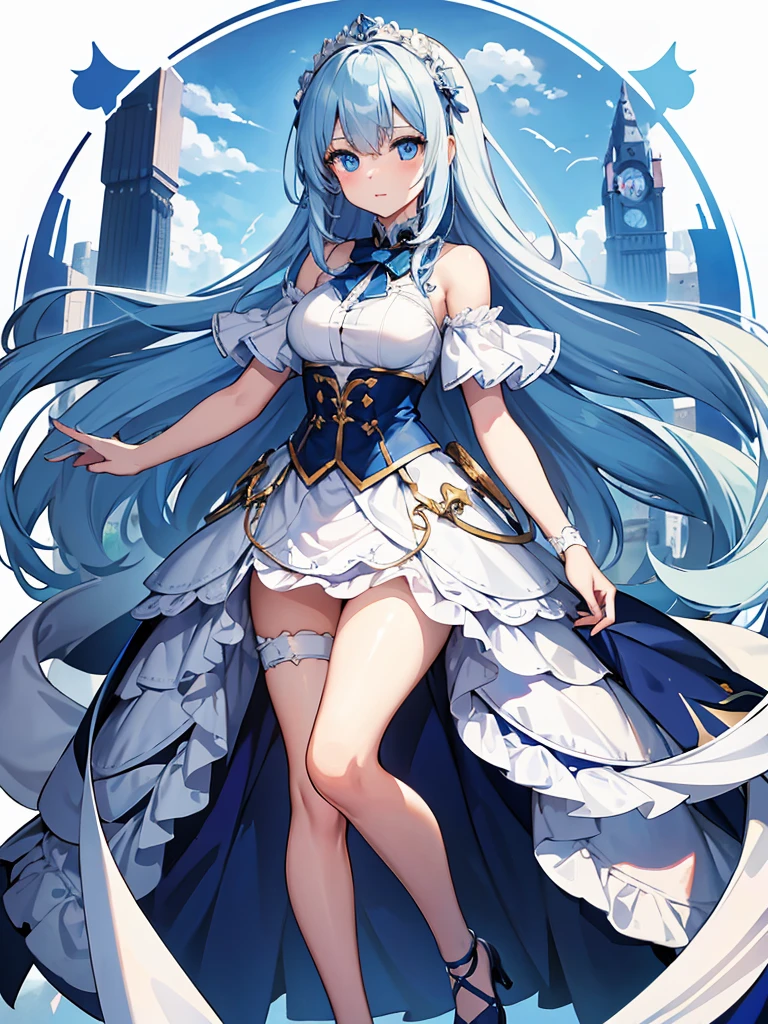 masterpiece,high quality,(full body 1.2),animated standing portrait, white cape and blue shirt,(blue hair 1.4),anime girl with long blue hair and blue eyes,(detailed eyes 1.6),(clear eyes 1.4),(beautiful eyes 1.4),(shining eyes 1.4),white cyan, from arc knights, blue hair, shining blue eyes, blue eyes, detailed key animated art, animated portrait, shining blue eyes, Pixiv digital art, blue haired girl, blue white hair, frilly skirt, thighs, 4K