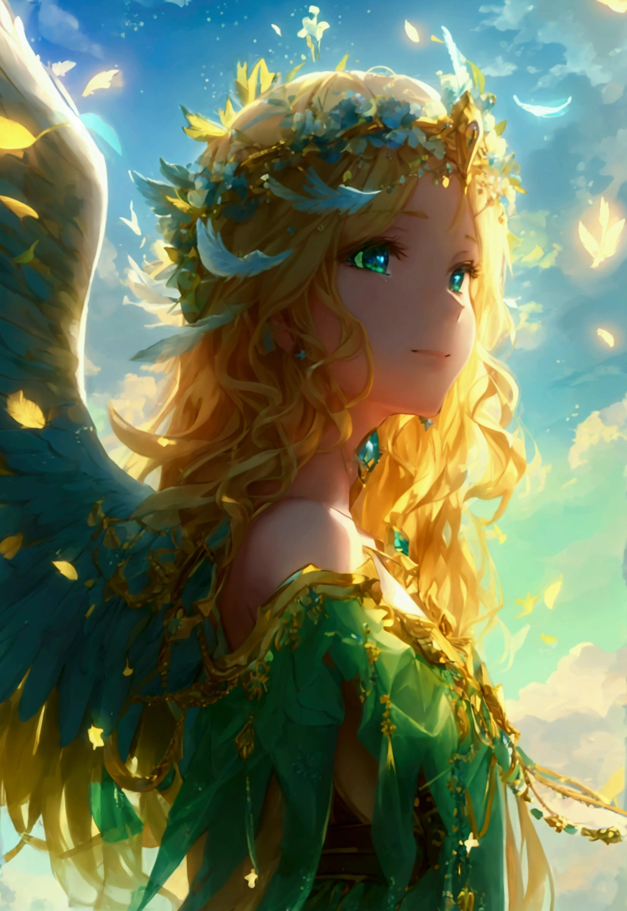 Most beautiful anime style, ultra top quality, super detailed, ultra masterpiece, 4k, beautiful girl, upper body, personification of Archangel Raphael, healing angel, radiating green healing light, soft warm light, dressed in green and blue elegant plumage, silky material, two large beautiful pure white angel wings, fluttering wings, sapphire blue eyes, shining like stars, flowing blonde hair, wavy in the wind, gentle and kind smile, arms outstretched in a pose that radiates healing light, blue sky and light in the background, seven-colored balls of light shining like stars in the daylight, shimmering, reflections of light the light, streaks of light, feathers decorated with fine embroidery and jewels, sparkles and shimmers in the depiction of light, iridescent highlights, slender and graceful figure, flower crown on her head