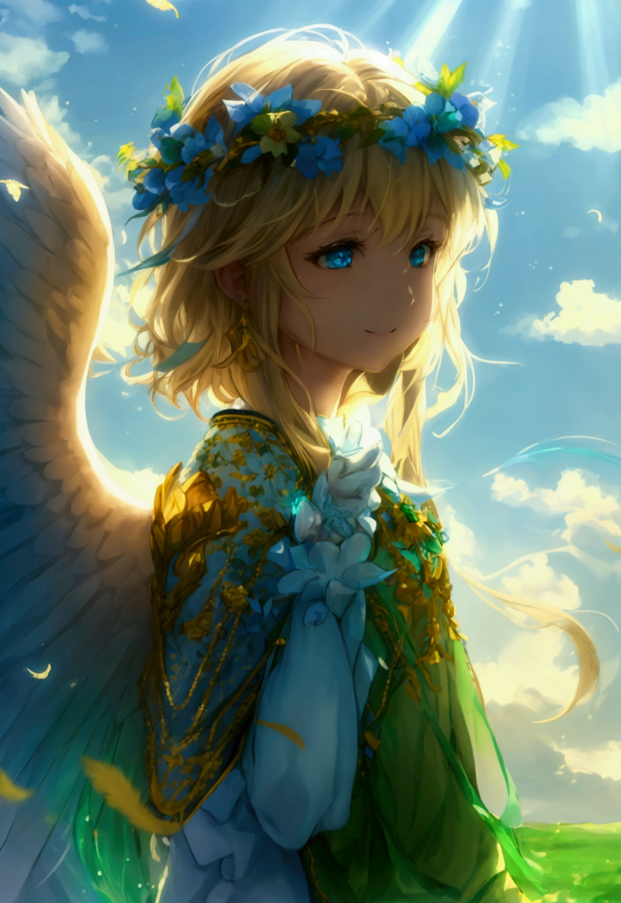 Most beautiful anime style, ultra top quality, super detailed, ultra masterpiece, 4k, beautiful girl, upper body, personification of Archangel Raphael, healing angel, radiating green healing light, soft warm light, dressed in green and blue elegant plumage, silky material, two large beautiful pure white angel wings, fluttering wings, sapphire blue eyes, shining like stars, flowing blonde hair, wavy in the wind, gentle and kind smile, arms outstretched in a pose that radiates healing light, blue sky and light in the background, seven-colored balls of light shining like stars in the daylight, shimmering, reflections of light the light, streaks of light, feathers decorated with fine embroidery and jewels, sparkles and shimmers in the depiction of light, iridescent highlights, slender and graceful figure, flower crown on her head