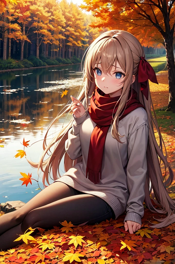 (masterpiece), Highest quality, Super detailed, figure, Warm lighting, Soft lighting, Bright colors, 1 Girl:1.5, alone,( beautiful girl, Long Hair, blue eyes, ribbon, Brown Hair, Hair between the eyes, hair ribbon, Side Lock, very Long Hair, Messy Hair,) , autumn, Lots of maple trees, maple leaf, Golden Leaf, autumn leaves, Dry leaves, river,  Fresh air,  peace, Cool breeze , ,( Wear a white or brown sweater, Red scarf, melancholyなautumn, Lost in Thought, melancholy, sad ,Worried, longing,)