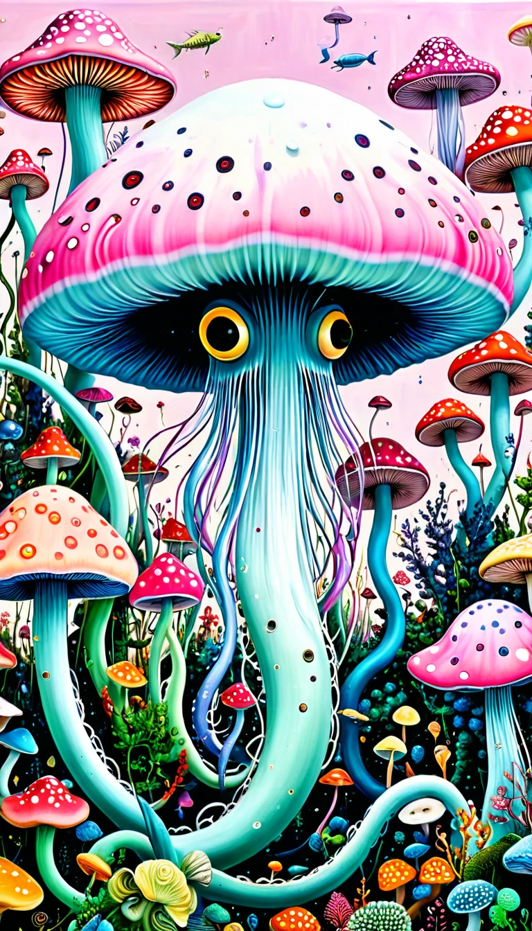 &quot;Dick Ellescas Artist Style&quot;,Mushroom UFO，Tentacles瀑布，fish，Tentacles，bird、Eye、diatom，Stitching together an abstract painting，Describing the inner world of autistic people，Sense of space，White Space，interesting，Innocence，Psychedelic Art，Pink theme