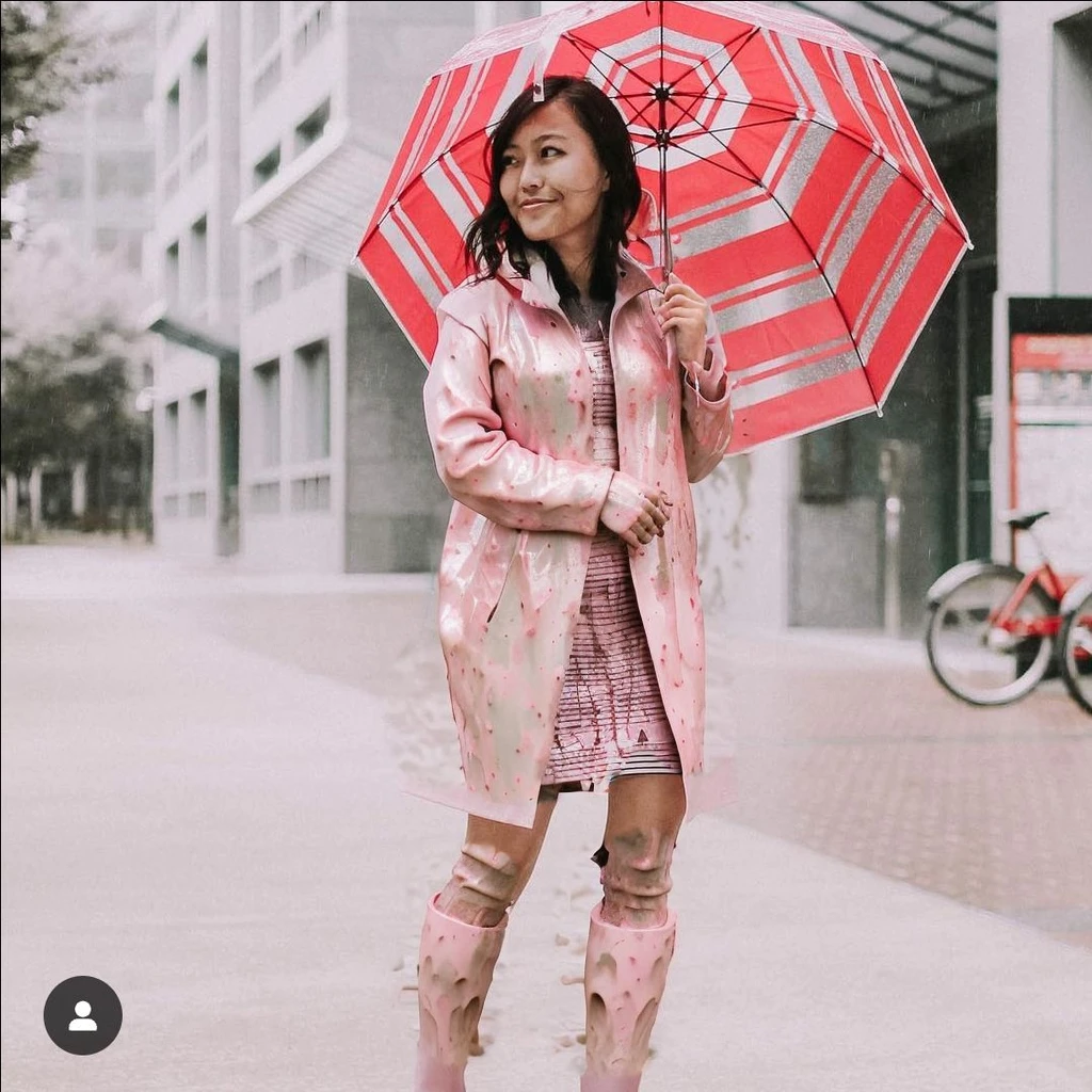 asian lady holding umbrella, cute pose, pink buttoned raincoat, tall pink rain boots, ((((muddy clothes)))), intricate details, highly detailed, masterpiece, 8k, photorealistic, cinematic lighting, vibrant colors, soft focus, elegant, feminine, beautiful, serene, graceful