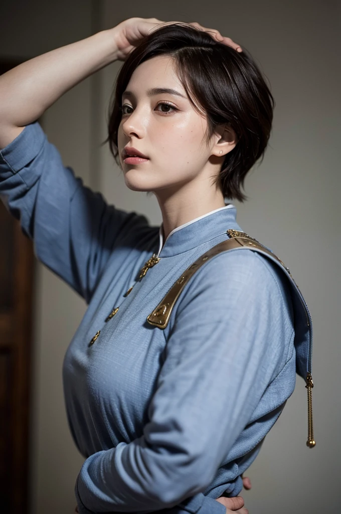 Joan of Arc with short hair, cinematic style, left view, beautiful