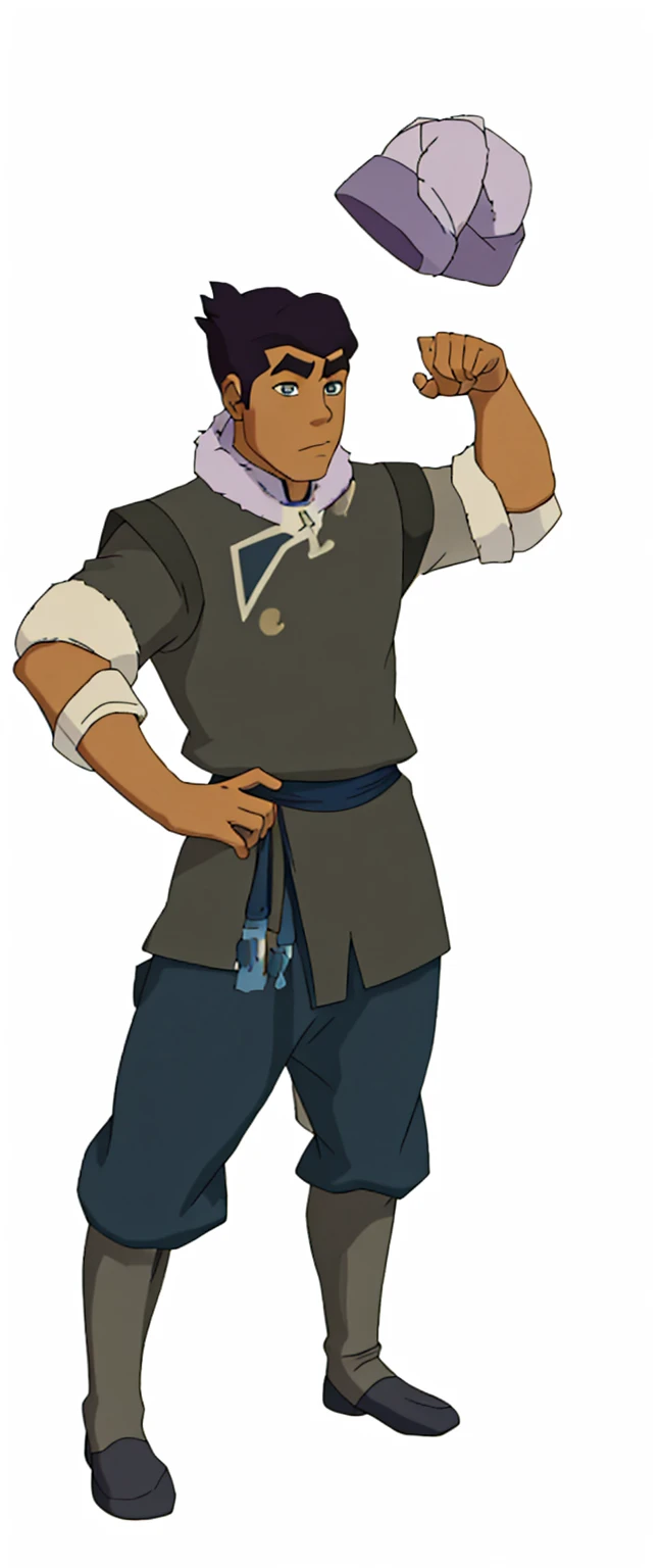 African-American, Bolin, water tribe traditional clothing mixed of blue and purple, with fur in shoulders and neck. Long sleeve, skinny