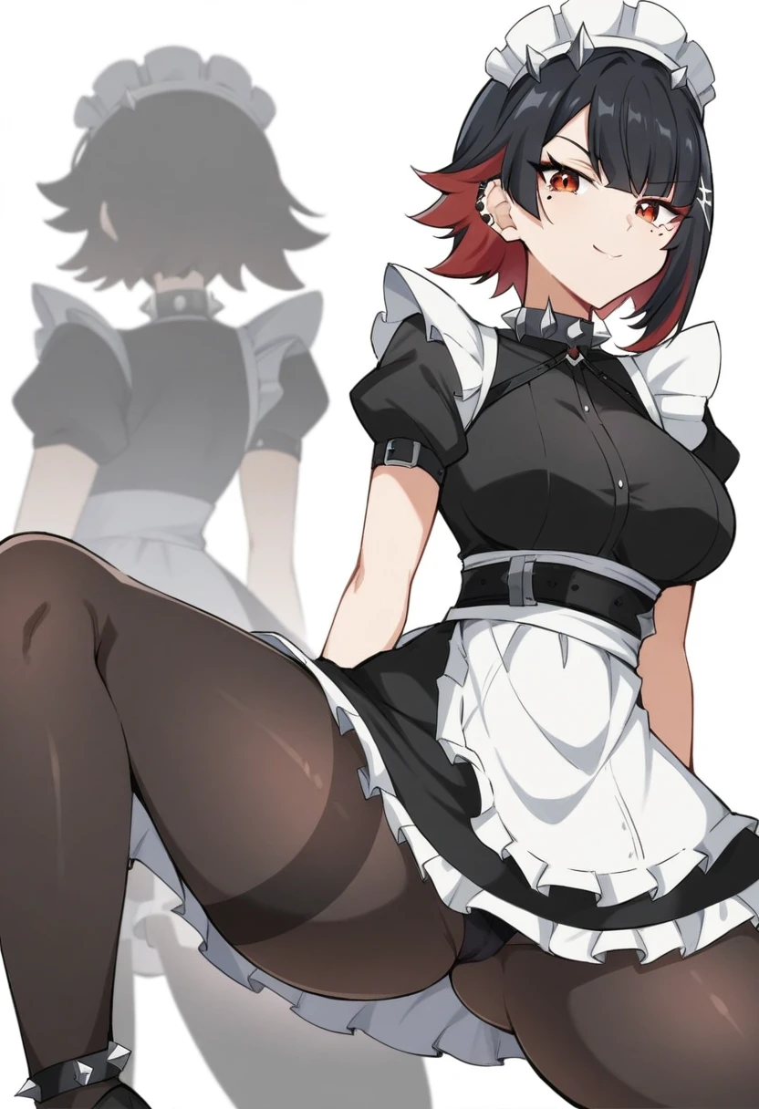 (anime art style:0.5), 2d, masterpiece, best quality, very aesthetic, absurdres, dynamic shadows, atmosferic, ellen_joe, genshin impact, (1girl), (solo), (black hair), short hair, red locks, red eyes, detailed eyes, mole under eye, hair between eyes, bangs, medium breasts, curvy body, makeup, black pantyhose, spiked choker, spiked bracelet, spiked headress, x hair ornament, ear piercing, red nail polish, maid, maid headress, white apron, black dress, puffy short sleeves, frilled wristband, covered collarbone, black high heels, parted skirt, black panties, (sexy smile), (cowboy shot), (standing), (from back), (spread legs), looking at viewer, (white background), (simple background)