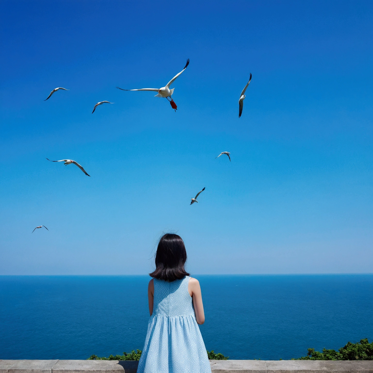 blue sky，Baiyun，Birds in the distance，Ocean，Vast image，Vision,Asahi,Girl Looking,