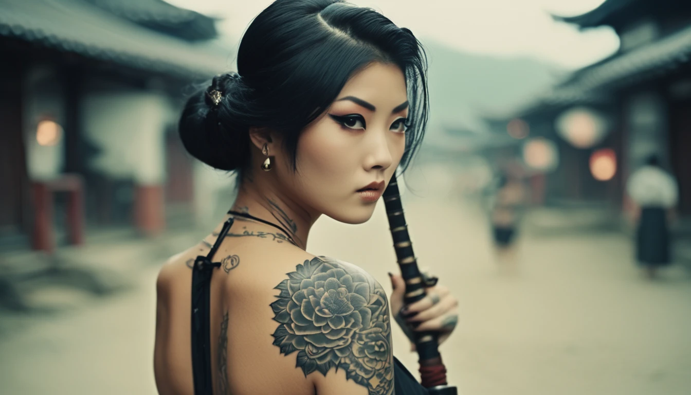 35mm vintage photo , A very cute and beautiful lady with tattoo , slim yakuza girl, samurai hair, Oriental tattoos, ninja hand sign, female samurai, Yakuza tattoo on the body, of a cute girl with traditional tattoos, Full body tattoos, Full body tattoos, behind her a decorated Korean pole weapon, Geisha tattoo ,bokeh, professional