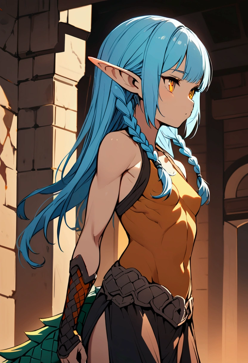 cute young girl, light blue hair, long hair, small braids hair, yellow eyes, elf ears, dragon tail, dragon thorn, muscular body, small breast