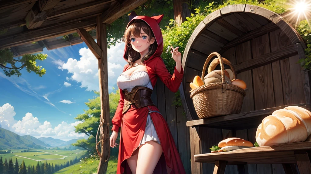 1girl, solo, rural landscape, deep forest, trees, sun, clouds, fantasy, hut, mushroom, basket with bread, path, brown hair, large breasts, red ress, hood,, cleavage 1:3, blue eyes, smile, looking at the viewer, standing