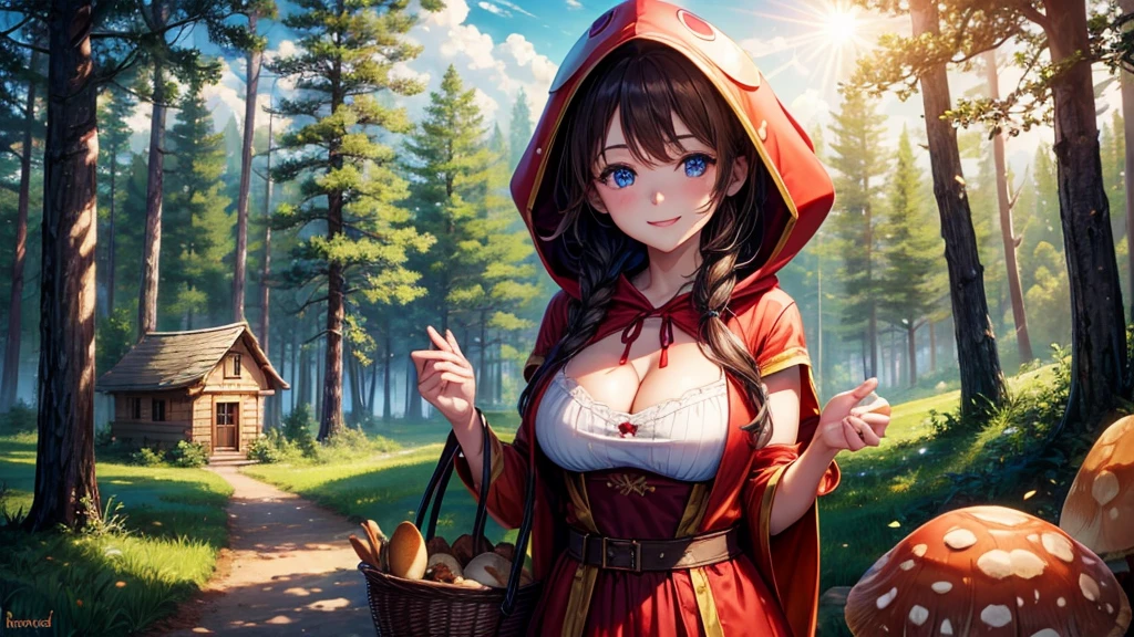 1girl, solo, rural landscape, deep forest, trees, sun, clouds, fantasy, hut, mushroom, basket with bread, path, brown hair, large breasts, red ress, hood,, cleavage 1:3, blue eyes, smile, looking at the viewer, standing