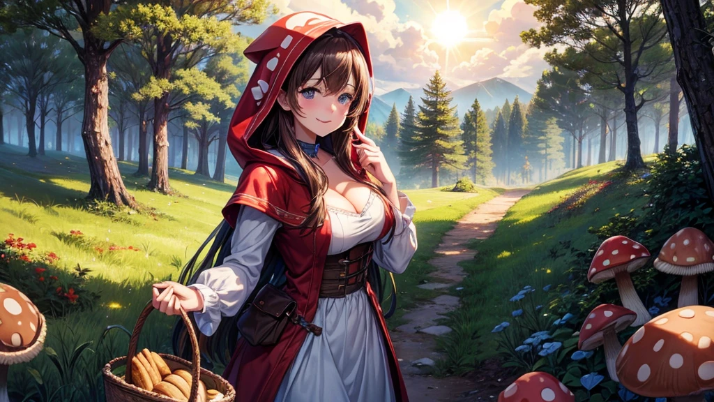 1girl, solo, rural landscape, deep forest, trees, sun, clouds, fantasy, hut, mushroom, basket with bread, path, brown hair, large breasts, red ress, hood,, cleavage 1:3, blue eyes, smile, looking at the viewer, standing