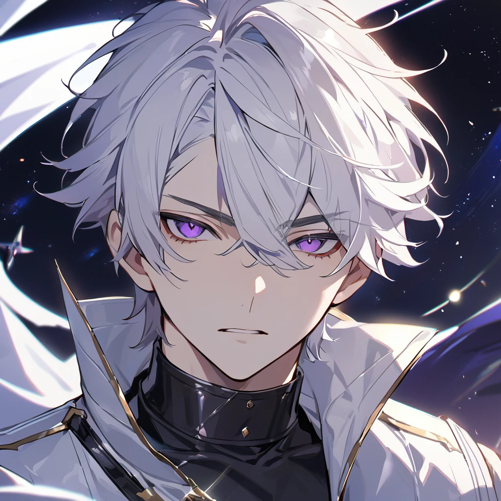 High quality, HD, 4k, no shadows, handsome male, 1male, 17 years old, teenager, golden lining, short white hair, sharp eyes, dark purple eyes, deep purple eyes, devil may cry, close up, calm expression, stoic expression, black leather clothes, white leather clothing, lean body, well trained body, upper body, looking at viewer, cowboy shot, white solar, space background