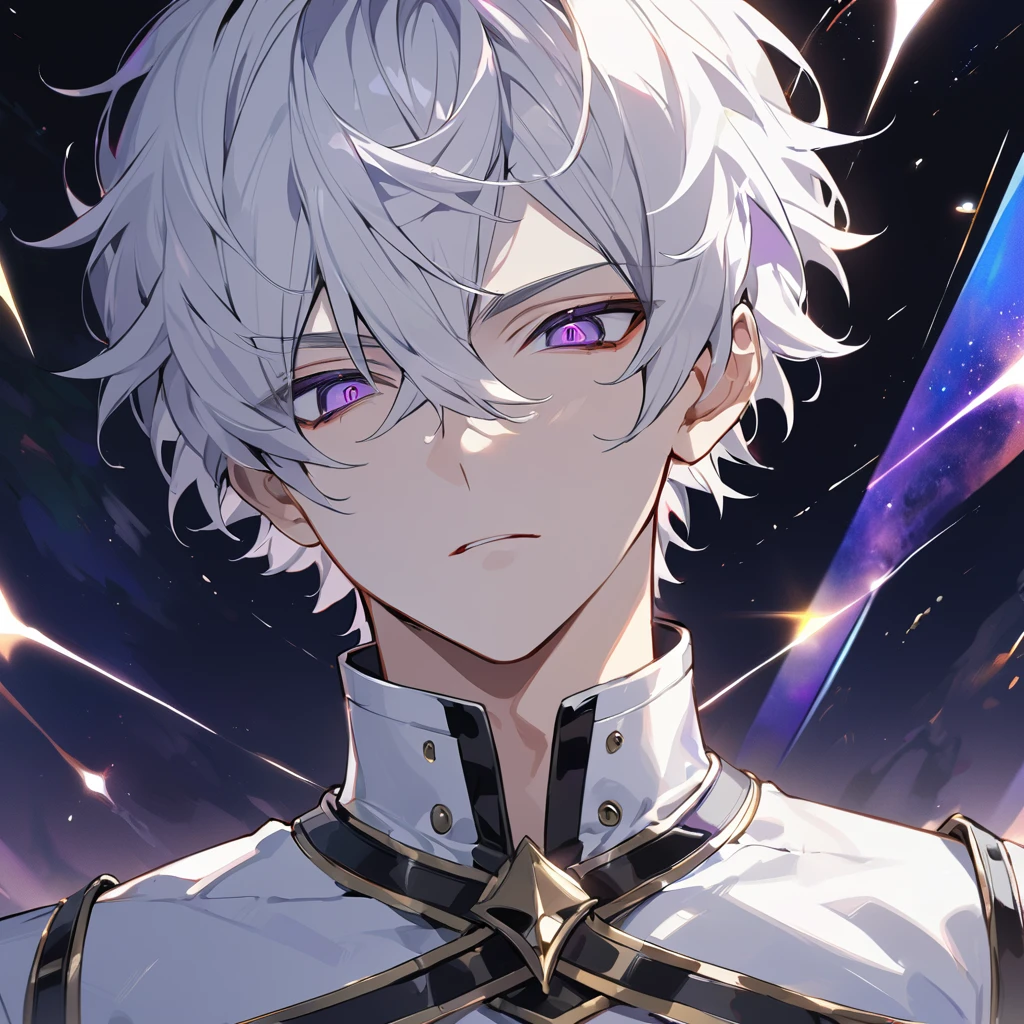 High quality, HD, 4k, no shadows, handsome male, 1male, 17 years old, teenager, golden lining, short white hair, sharp eyes, dark purple eyes, deep purple eyes, devil may cry, close up, calm expression, stoic expression, black leather clothes, white leather clothing, lean body, well trained body, upper body, looking at viewer, cowboy shot, white solar, space background
