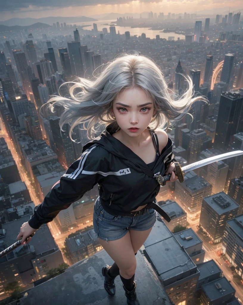 Highest Quality ,Girl jumping up and holding a Japanese sword, camera angle from directly above, looking up at the camera for a bit, with the cityscape in the background looking down at the city from above,Extreme high angle, looking at the camera, girl, slim, small face, big eyes, double eyelids, long eyelashes, eyeshadow, pale red eyes,  small nose, peach lips, lip gloss, braid, silver hair, angry face, off-the-shoulder,  shorts, boots, cityscape, stormy