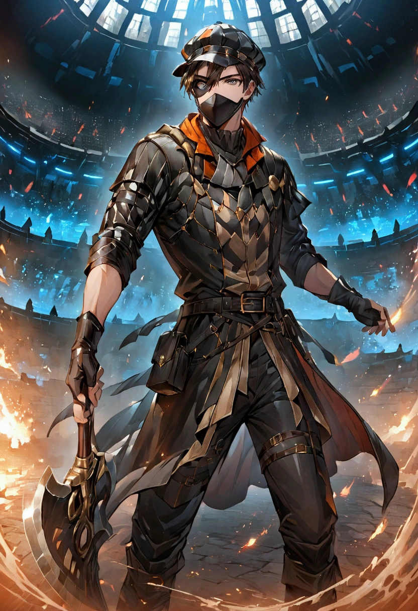 A young man of 18 years, with cap, a full black mask, dressed in a hunter&#39;s outfit, holding an advanced ax, with a virtual arena background