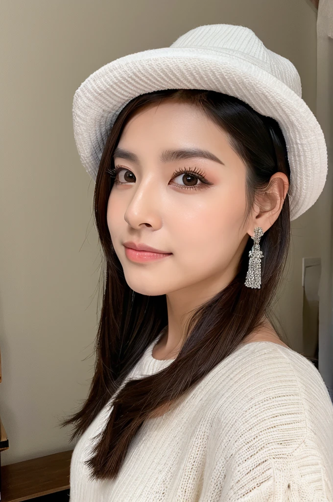 in 8K、(Ultra-realistic images)、ultra-detailliert、masterpiece、Live Action、a picture、Top image quality、top-quality、Strong light from the front、japanes、((Pocchari body type))、Mature Face、white underwear with frills、Cute smile、(Colossal tits:1.5)、Beautiful fingertips、Short brown hair、Bright red lipstick、She wears big earrings and a beautiful headband.、On the train、Crowds