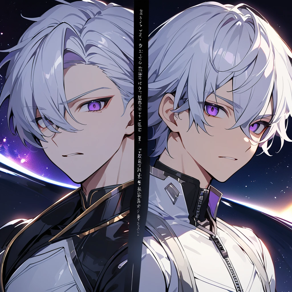 High quality, HD, 4k, no shadows, handsome male, 1male, , teenager, go lining, short white hair, sharp eyes, dark purple eyes, deep purple eyes, devil may cry, close up, calm expression, stoic expression, black leather clothes, white leather clothing, lean body, well trained body, upper body, looking at viewer, cowboy shot, white solar, space background
