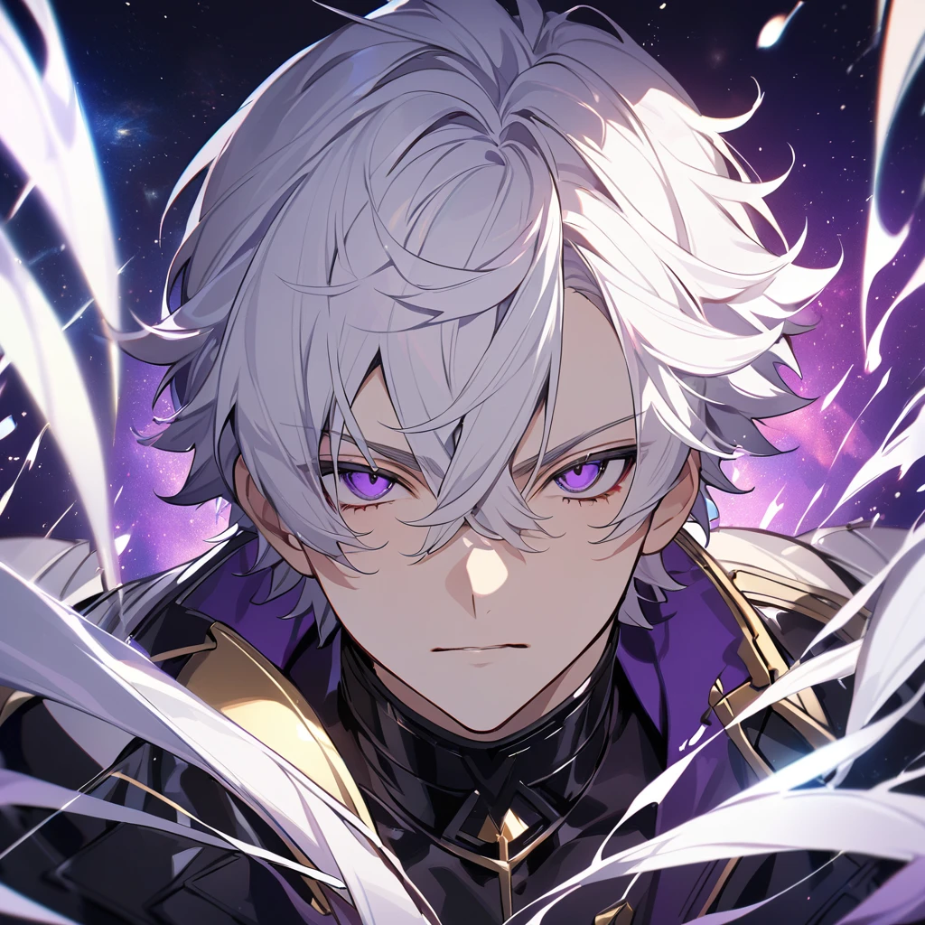 High quality, HD, 4k, no shadows, handsome male, 1male, 17 years old, teenager, golden lining, short white hair, sharp eyes, dark purple eyes, deep purple eyes, devil may cry, close up, calm expression, stoic expression, black leather clothes, white leather clothing, lean body, well trained body, upper body, looking at viewer, cowboy shot, white solar, space background