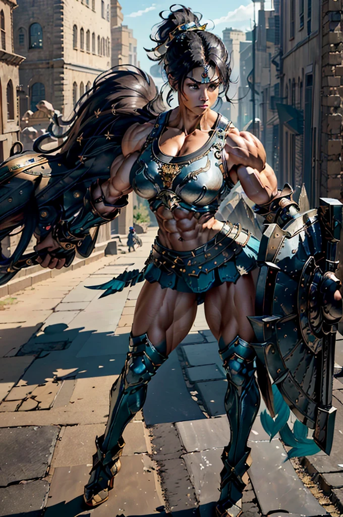 (Best lighting) , (Very intricate details) , 4K Integration, (Super fine CG: 1.2) , (8K: 1.2),(original), (masterpiece) , (Highest quality),(masterpiece:1.4),((Full  images))、Photo quality,(masterpiece),masterpiece, Highest quality, Absurd,((Masterpiece, 4K, 8K, High resolution)),(masterpiece), (Highest quality), (Super detailed), (Very delicate and beautiful), ((Full body image 1:1.5)), 1 female,　The face of a 40-year-old Western woman、A beautiful, well-balanced face、 ((A woman with a muscular body like a male bodybuilder)),((Huge muscular physique))、((A 200cm tall woman))、((Beautiful woman)),((Woman warrior)),45 year old mature woman, Wearing Valkyrie Metal Armor、 (Sleeveless Armor)、((Metal armor that resembles a thick chest and abdominal muscles))、((Metal armor covering the upper body))、mini skirt、Valkyrie's Helmet、Very strong legs、((Long boots with pin heels))、((kneehigh 、Medieval streetscape,Strength and elegance,Solemn atmosphere,((The Queen's Appearance))、((The Strongest Queen of Mankind))、(Huge muscular physique),((Protruding veins))、((A woman with a toned chest like a male bodybuilder))、Raised trapezius muscle、very thick neck、((Strong arms with bulging biceps))、A muscular chest、Six-pack、((Thick thighs with bulging muscles))、Exposed thighs、((Bicep-like calf muscles))、Overflowing with incredible strength、Muscles bulging out from under the force of force all over the body、Black Hair、ponytail、A commanding presence,Poses that show off their monstrous power,Model standing、Standing with dignity、Vibrant colors,Down to the smallest thread,Impressive level textures,Sharp focus,Rich and realistic backgrounds,Magnificence and grandeur,((A strong Valkyrie captain)),((A powerful Valkyrie captain)), 