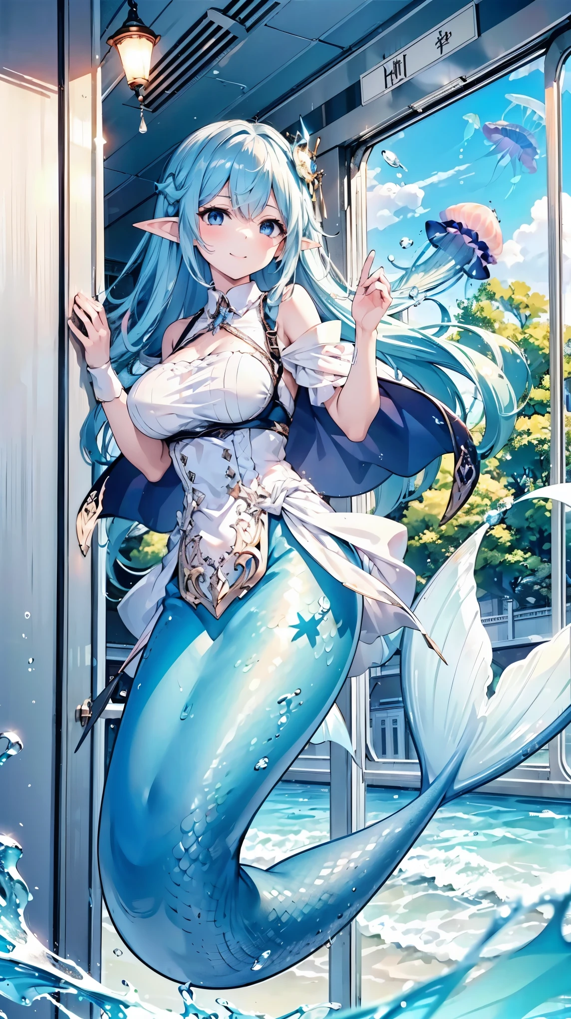 masterpiece, best quality,A girl,Blue Hair,White Dress,Ahoge,blue eyes, Elf ears,独奏,Large Breasts,Mermaid,蓝色的Mermaid尾巴,full-body shot,transportation facilities_against_window,blue theme, (in water:1.2), (air bubble:1.3), Inside the train, (surreal:1.2), (jellyfish:1.2), (whale:1.1),(fish:1.2),blurred foreground,charming face(Kawaii, charming,Soft),Looking at the audience,Smile