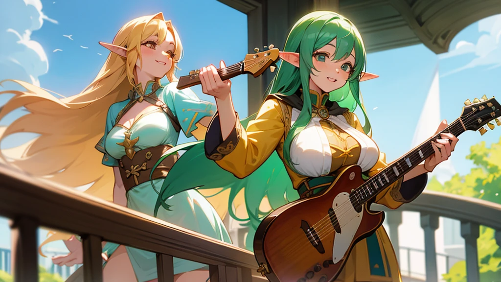 Anime Style,Nostalgic,Detailed background,The medieval world,A lively bar with lots of people,Smiling bard silver-haired beautiful elf,guitar,Large Breasts,Healthy thighs,Underarm