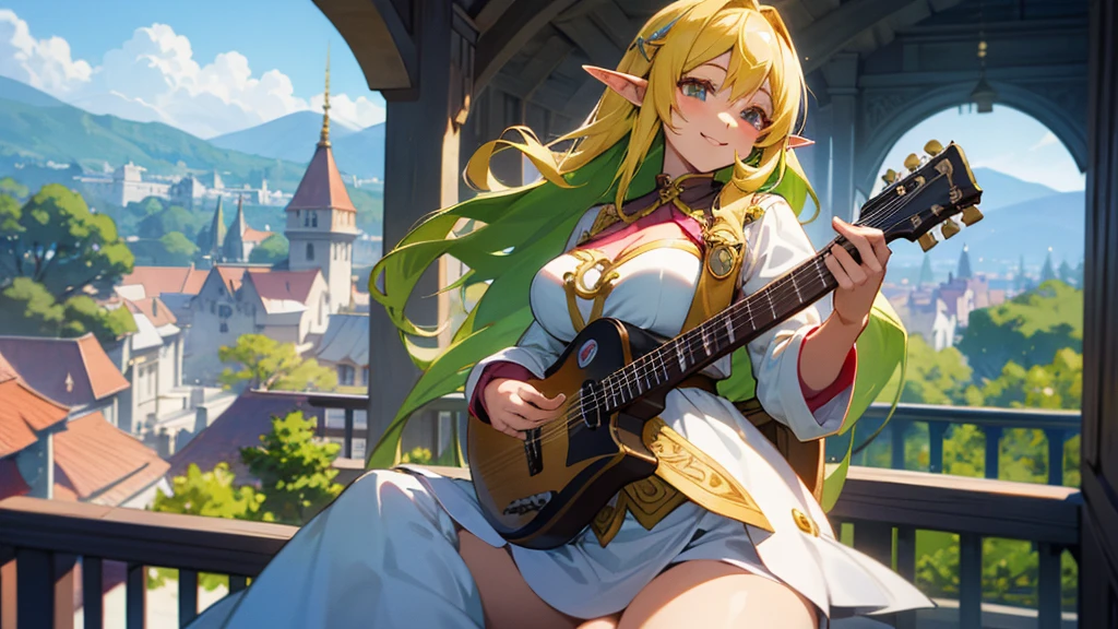 Thick thighs,Anime Style,A detailed background with many people,Magical World,A lively balcony with many people,Smiling bard beautiful elf girl,guitar,Large Breasts