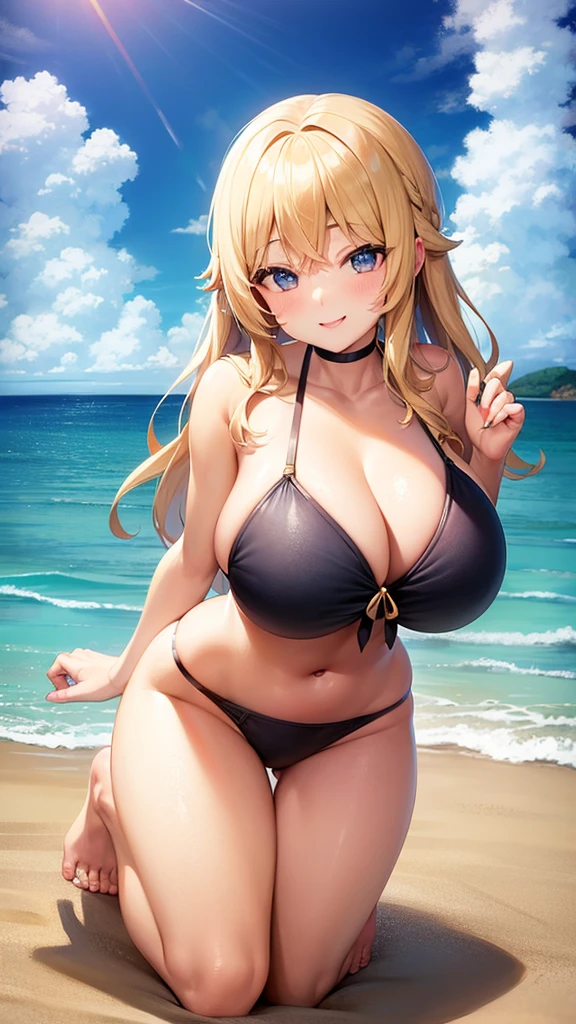Girl, Big Breasts, Blonde, Swimsuit, Smile, Ocean, full body, 