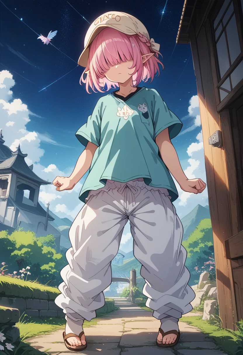 BREAK Perfect Anatomy、(High resolution:1.2)、Incredible illustrations、(Cute illustrations:1.2)、
（Beautiful background,starry skies),from below
 1 girl((multicolored pink hair,(bangs over eyes), short hair)1girl((a girl,elf 1.5meters, 25kg,18 years old female, 
((tunic,poncho,(loose pants,bloomers),thigh-high socks, sandals),tilting head
