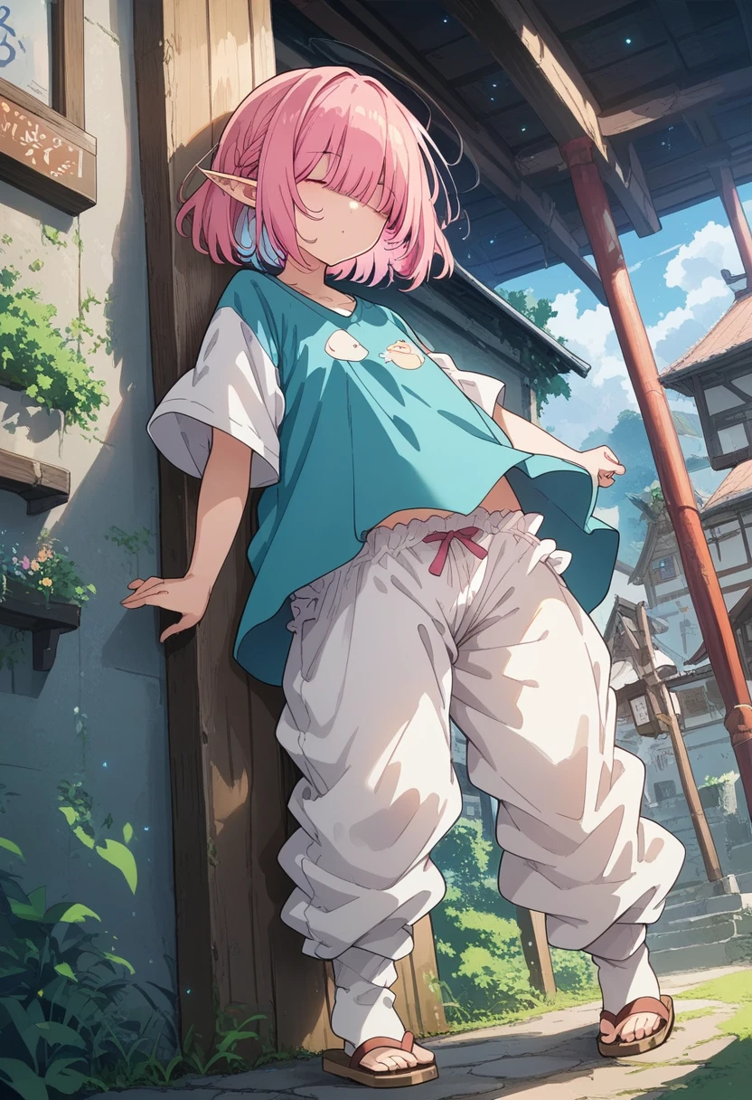 BREAK Perfect Anatomy、(High resolution:1.2)、Incredible illustrations、(Cute illustrations:1.2)、
(Beautiful background,starry skies),from below
1 girl((multicolored pink hair,(bangs over eyes), short hair)1girl((a girl,elf 1.5meters, 25kg,18 years old female,
((tunic,poncho,(loose pants,bloomers),thigh-high socks, sandals),tilting head