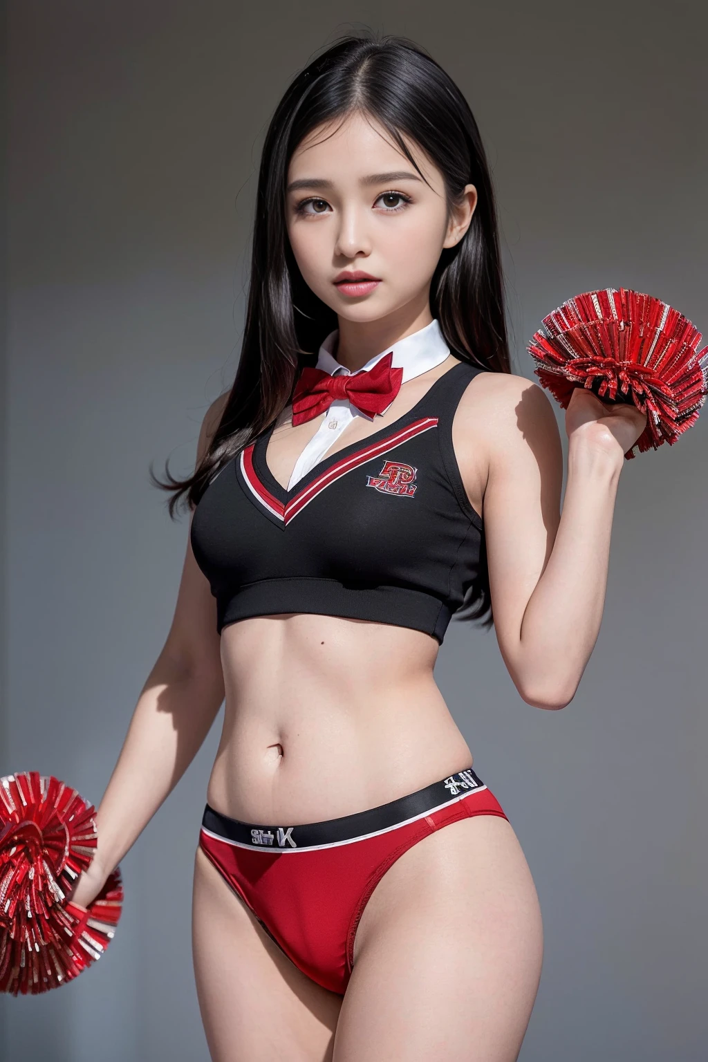 (8x_NMKD-Superscale_150000_G), (best quality), (high resolution), (masterpiece), (Standing in a school gymnasium), ((short, black hair)), ((cute , baby face))), ((24 years old, 1 beautiful girl)), ((bow tie)), (((cheerleaders, red sports panties))), Japanese