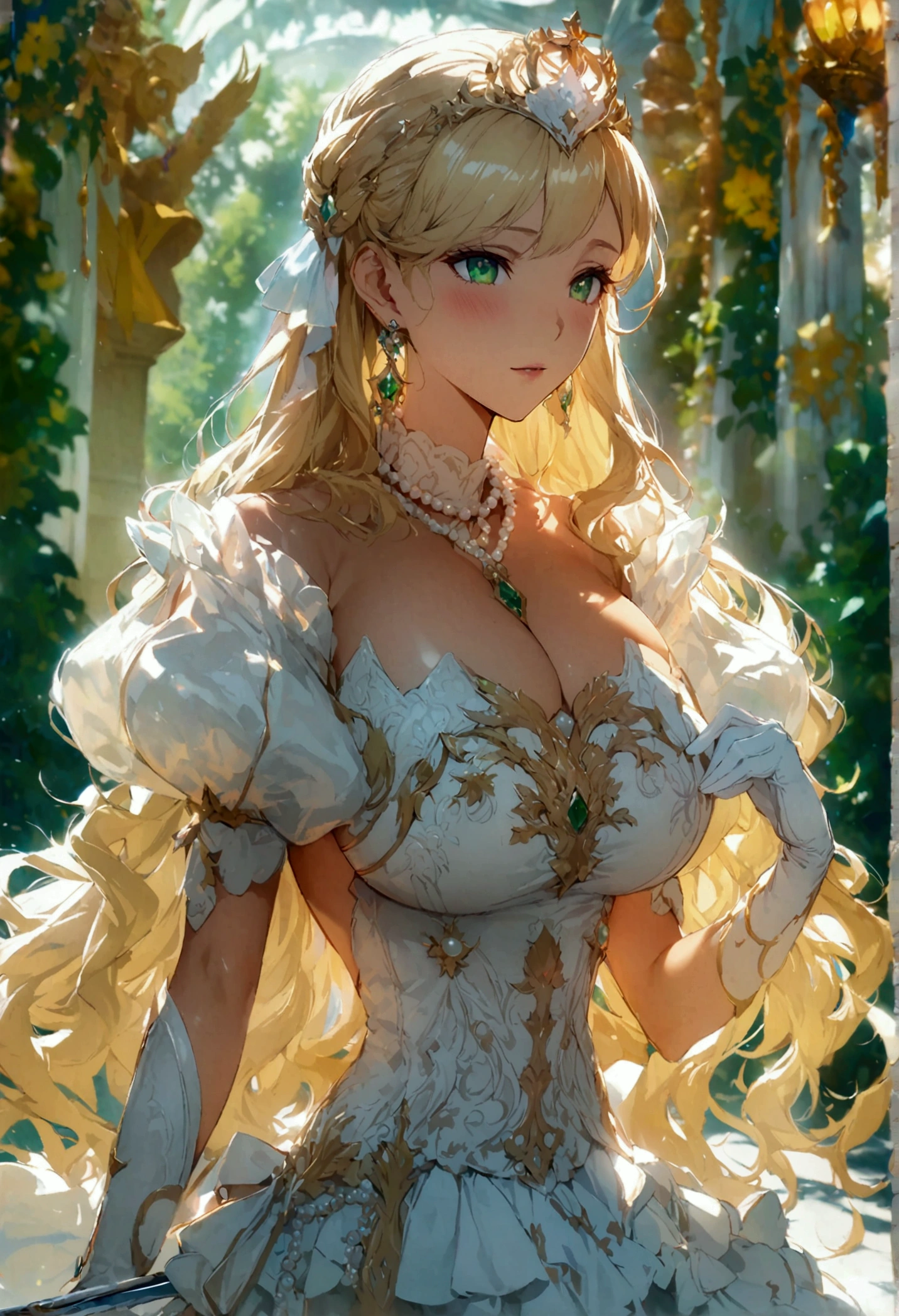 anime. 1 Girl. pretty girl. Princess. blonde. Long Hair. Wavy Hair. Green Eyes. Beautiful Eyes. Perfect Eyes. Expressive eyes. Blind eyes. Blind. The Ideal Face. . Sitting chest.((Huge breasts)). Ideal Anatomy. Beautiful long legs. Luxurious white dress. White Stockings. High heel shoes. White cane. crown. Pearl Necklace. Neat earrings. White gloves. Standing tall in the cold. she is standing on the street. Standing in the palace gardens. Beautiful character design. Shiny skin. whole body. Official Art. Highly detailed CG Unity 8k wallpaper. Ideal lighting. 超High resolution4K. Ultra high definition 8K. High resolution.Panty flashing,NSFW