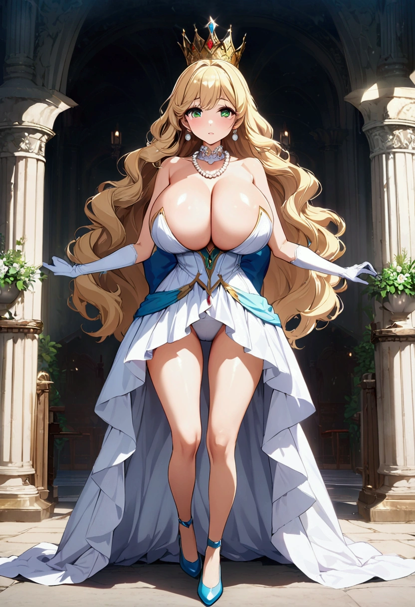 anime. 1 Girl. pretty girl. Princess. blonde. Long Hair. Wavy Hair. Green Eyes. Beautiful Eyes. Perfect Eyes. Expressive eyes. Blind eyes. Blind. The Ideal Face. . Sitting chest.((Huge breasts)). Ideal Anatomy. Beautiful long legs. Luxurious white dress. White Stockings. High heel shoes. White cane. crown. Pearl Necklace. Neat earrings. White gloves. Standing tall in the cold. she is standing on the street. Standing in the palace gardens. Beautiful character design. Shiny skin. whole body. Official Art. Highly detailed CG Unity 8k wallpaper. Ideal lighting. 超High resolution4K. Ultra high definition 8K. High resolution.Panty flashing,NSFW