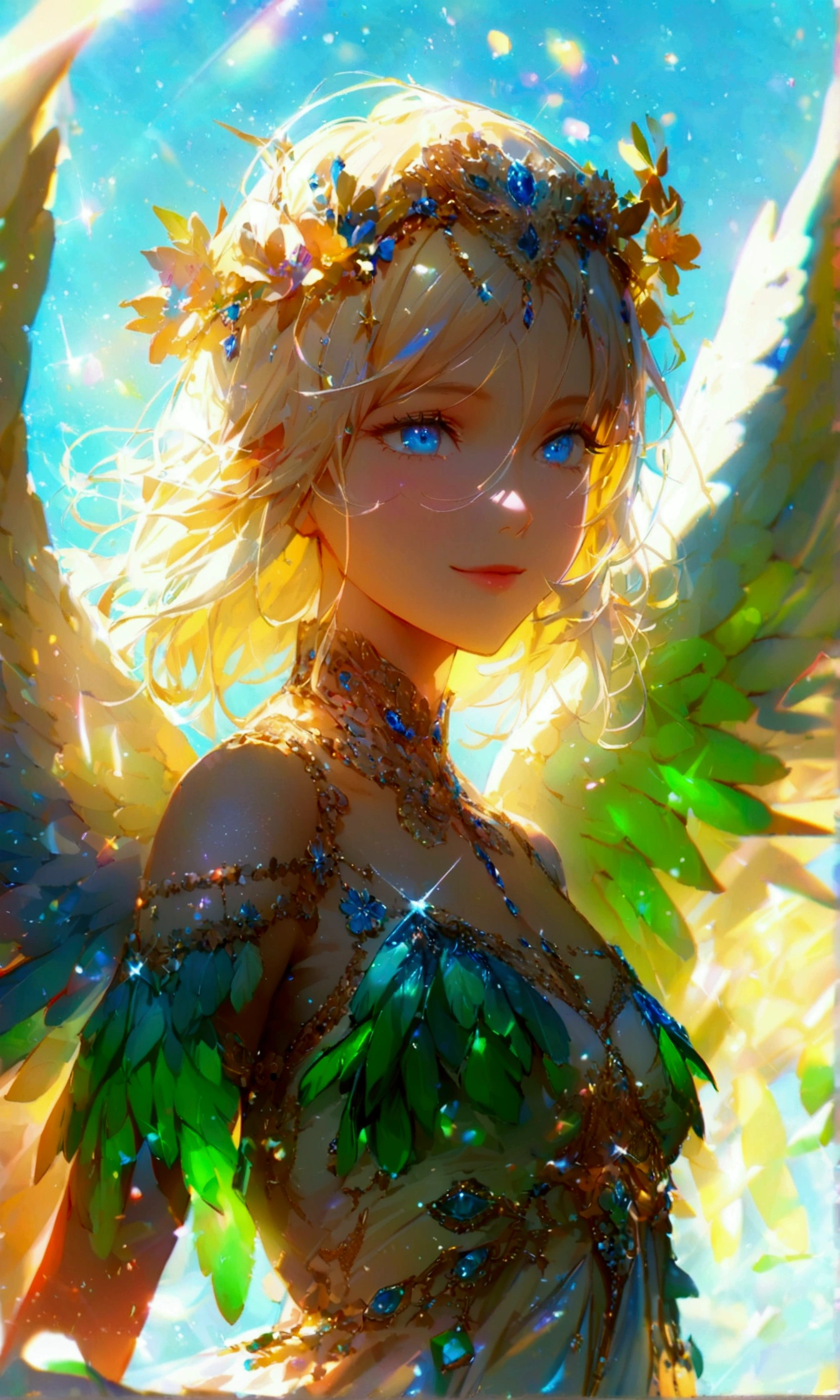 Most beautiful anime style, ultra top quality, super detailed, ultra masterpiece, 4k, beautiful girl, upper body, personification of Archangel Raphael, healing angel, radiating green healing light, soft warm light, dressed in green and blue elegant plumage, silky material, two large beautiful pure white angel wings, fluttering wings, sapphire blue eyes, shining like stars, flowing blonde hair, wavy in the wind, gentle and kind smile, arms outstretched in a pose that radiates healing light, blue sky and light in the background, seven-colored balls of light shining like stars in the daylight, shimmering, reflections of light the light, streaks of light, feathers decorated with fine embroidery and jewels, sparkles and shimmers in the depiction of light, iridescent highlights, slender and graceful figure, flower crown on her head